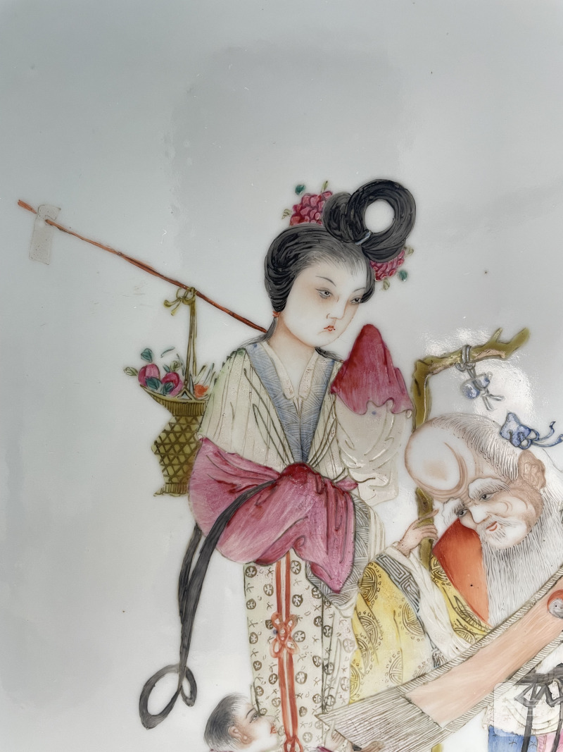 民国 粉彩麻姑寿星祝寿图瓷板 - 图4